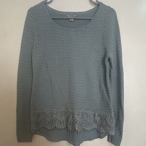 Lucky Brand Womens Blue Knit Scoop Neck Lace Trim Hem Pullover Sweater L EUC